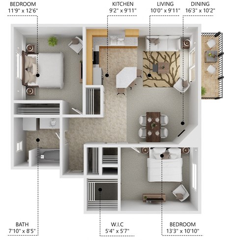 Floor plan for 2 beds, 1 bath, 877 sqft